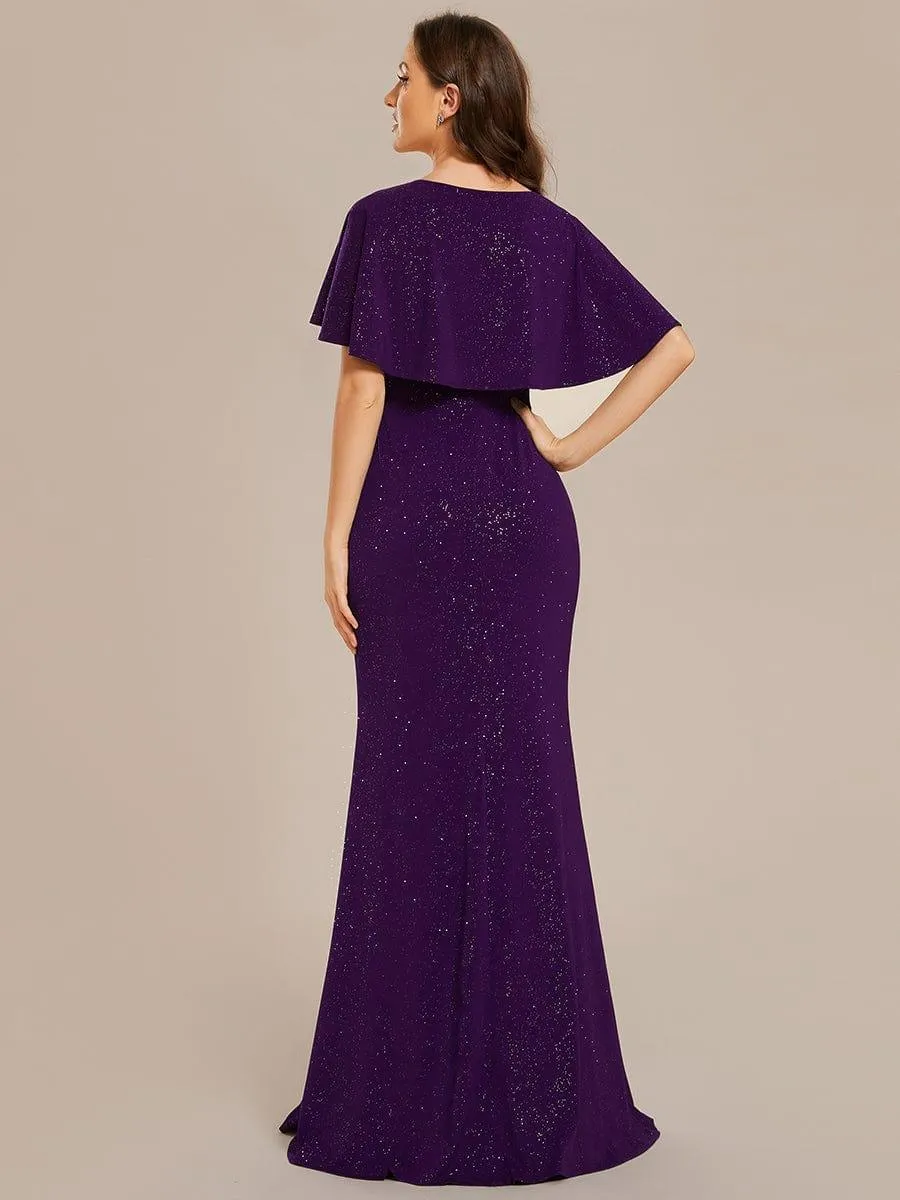 Robe de soirée moulante à col en V et manches chauve-souris plissées scintillantes
