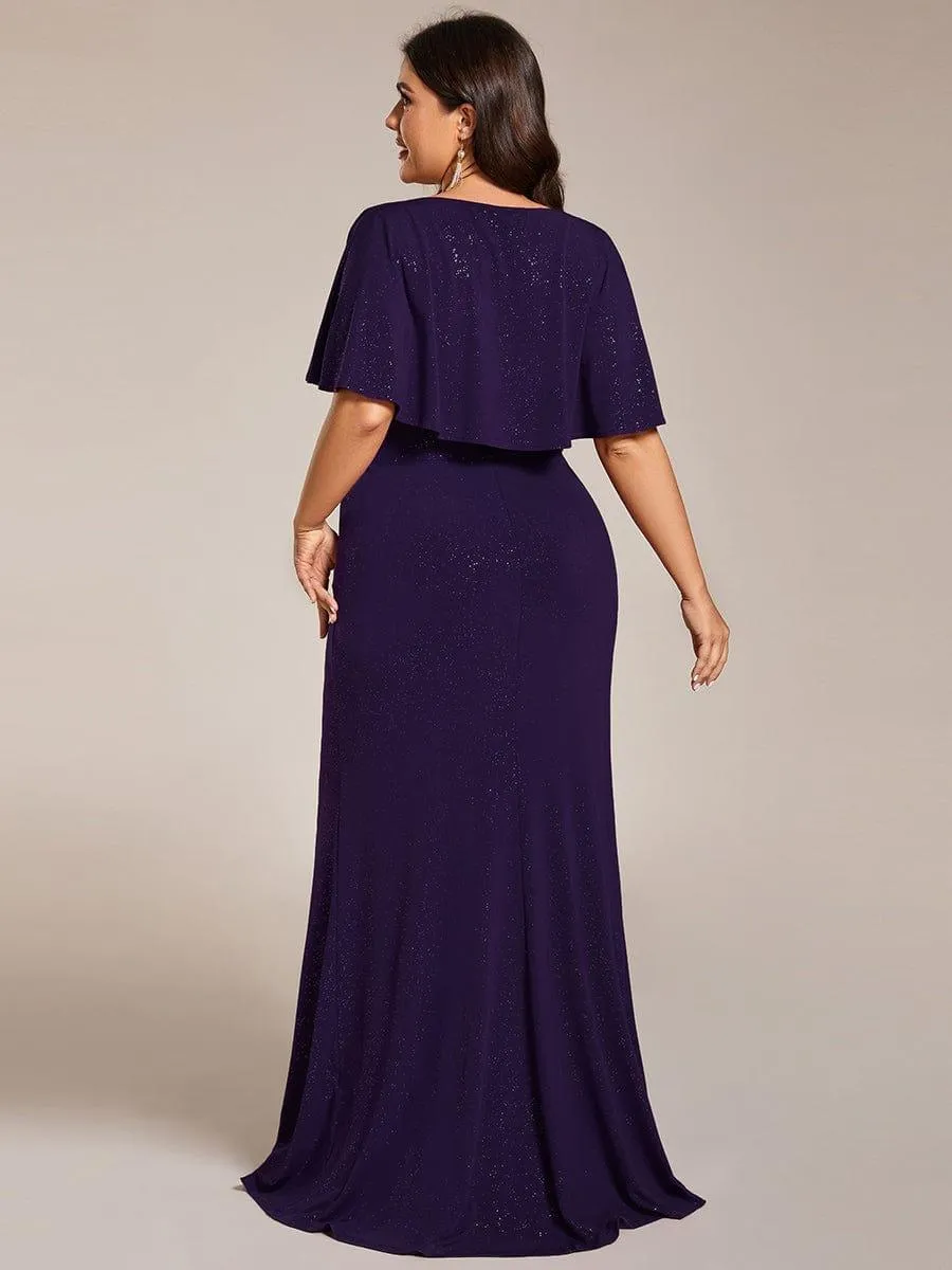 Robe de soirée moulante à col en V et manches chauve-souris plissées scintillantes