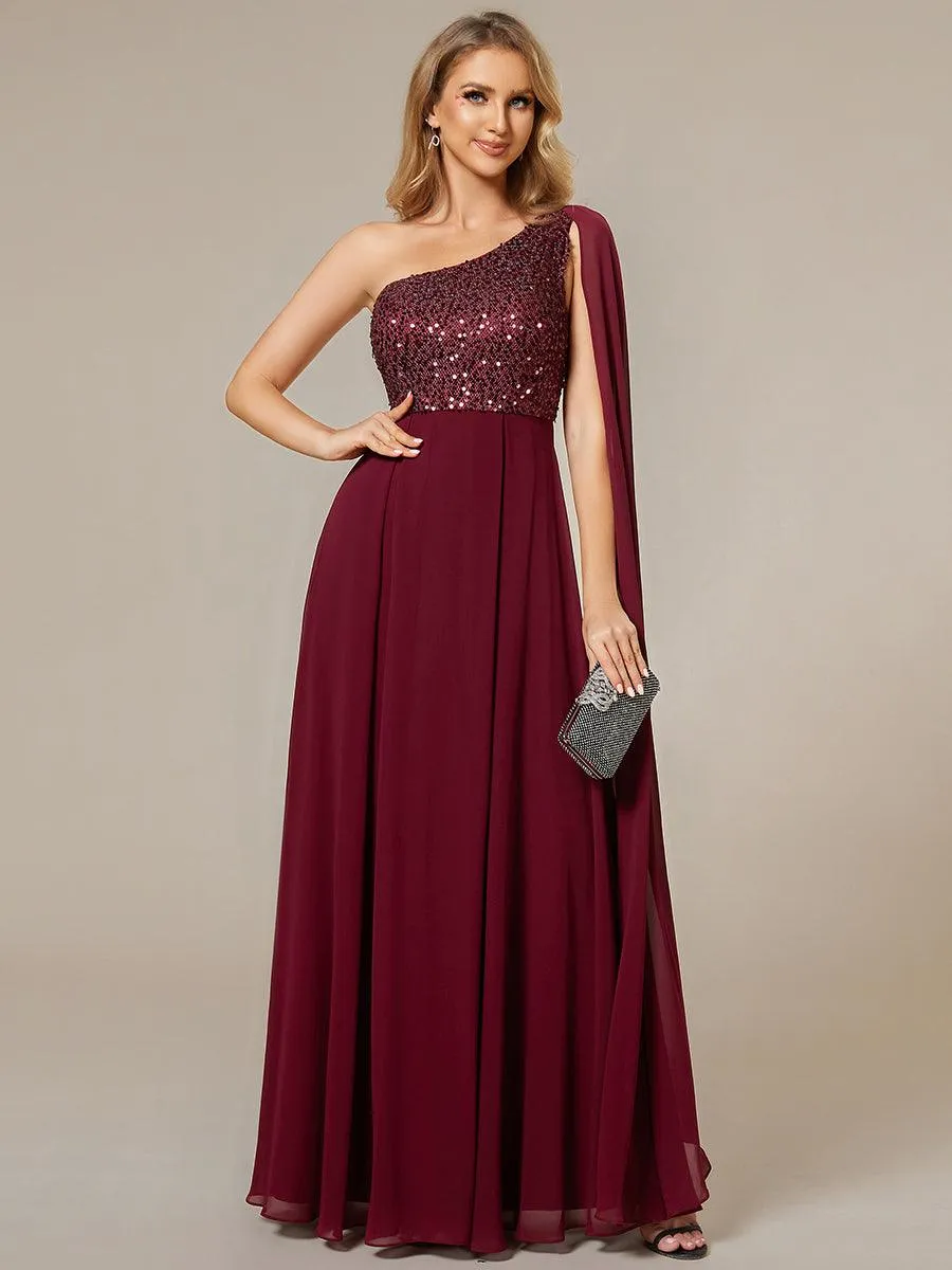 Robe de soirée trapèze en mousseline de soie sans manches corsage à paillettes brillantes asymétrique épaule dénudée