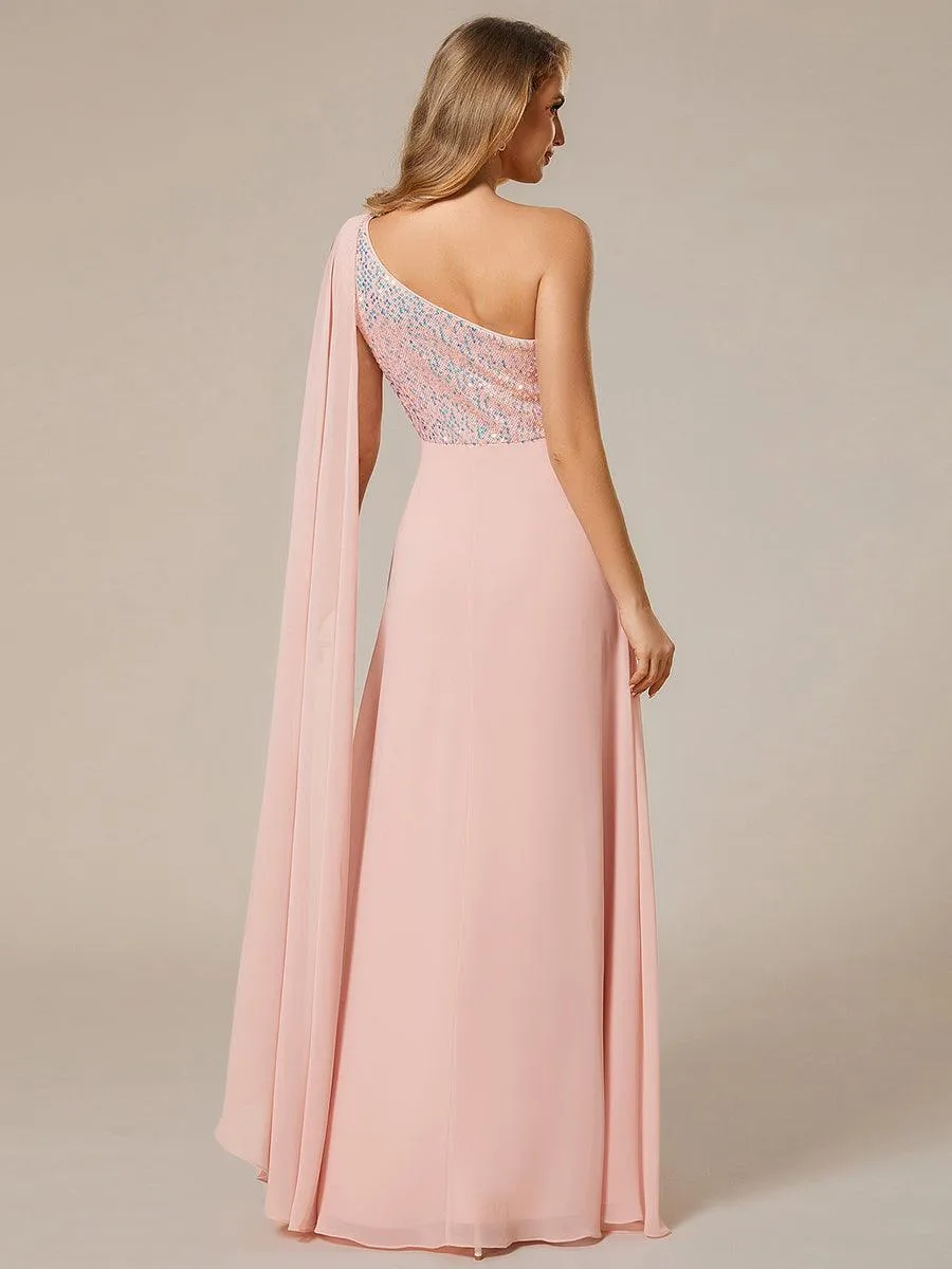 Robe de soirée trapèze en mousseline de soie sans manches corsage à paillettes brillantes asymétrique épaule dénudée