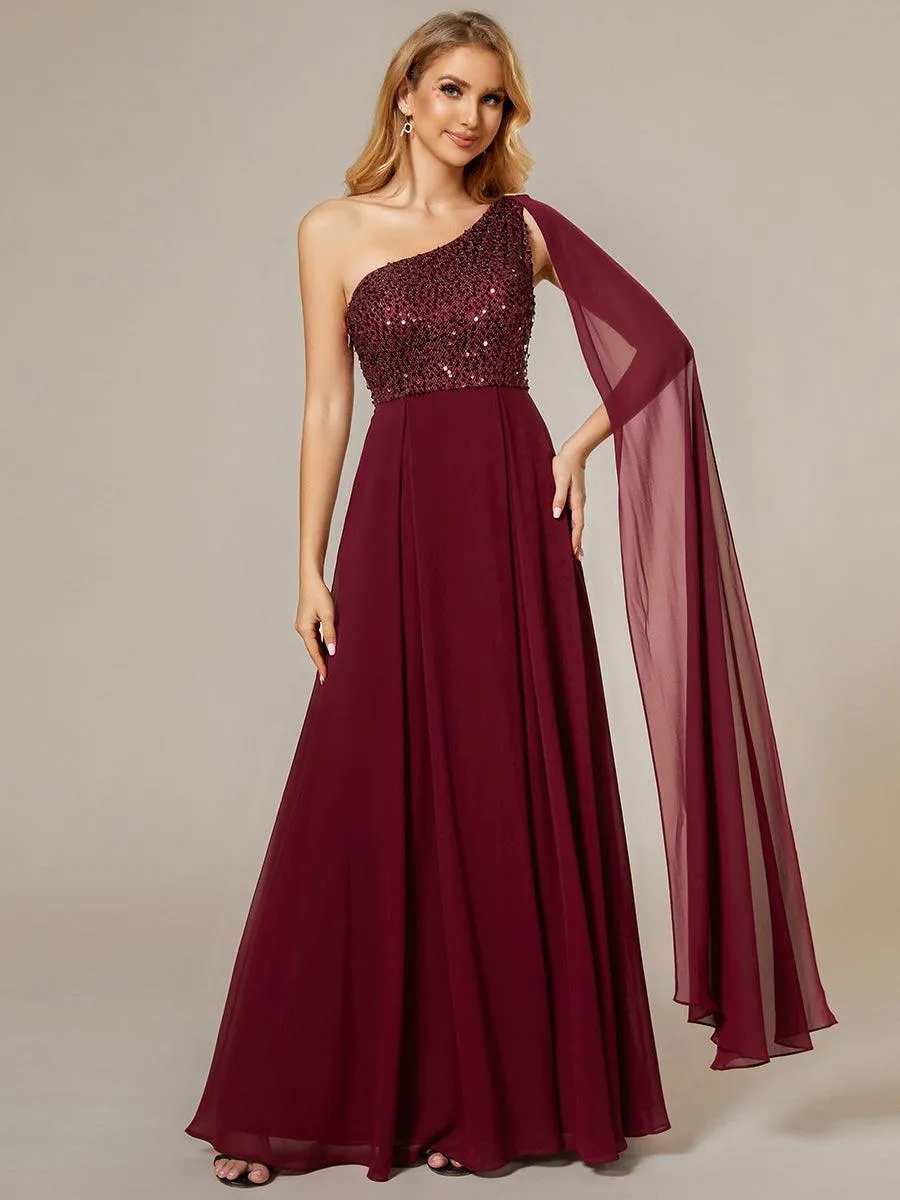 Robe de soirée trapèze en mousseline de soie sans manches corsage à paillettes brillantes asymétrique épaule dénudée