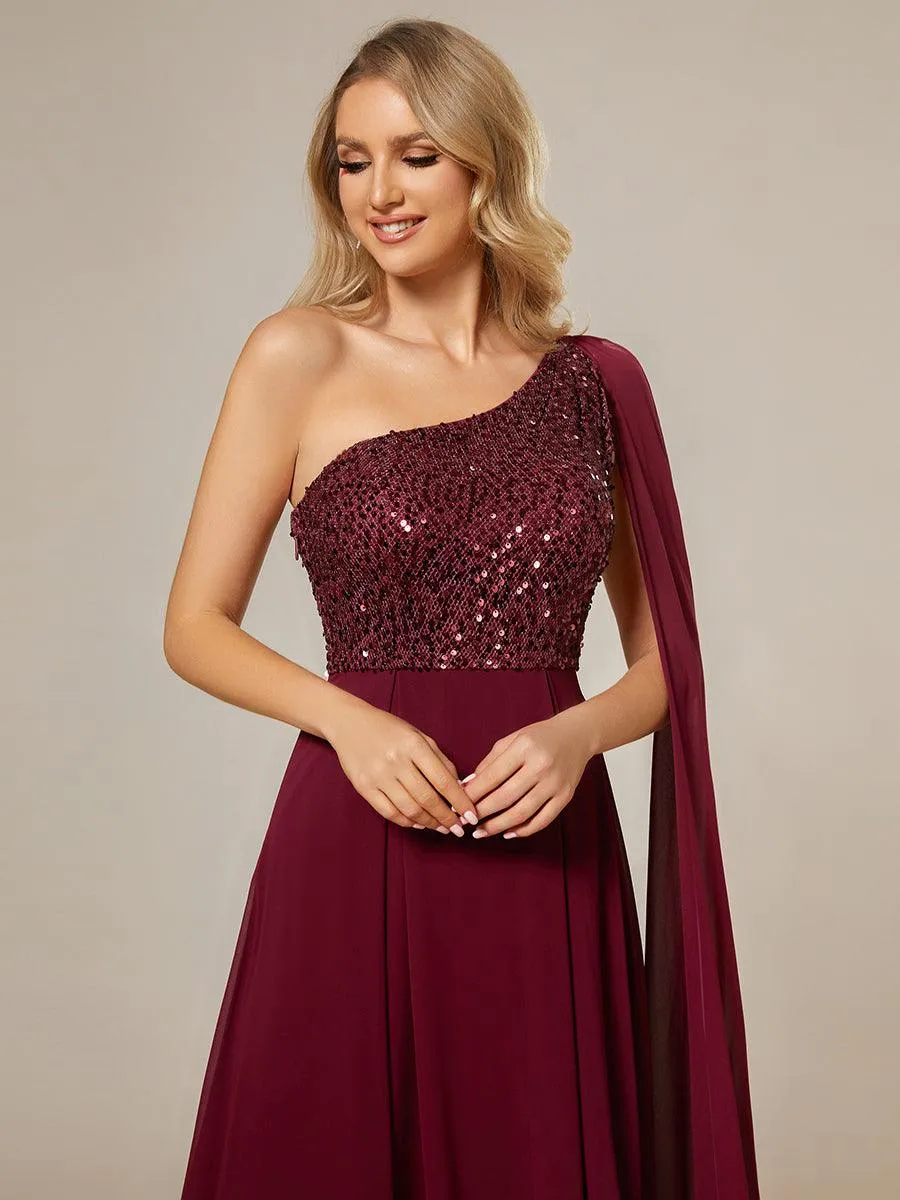 Robe de soirée trapèze en mousseline de soie sans manches corsage à paillettes brillantes asymétrique épaule dénudée