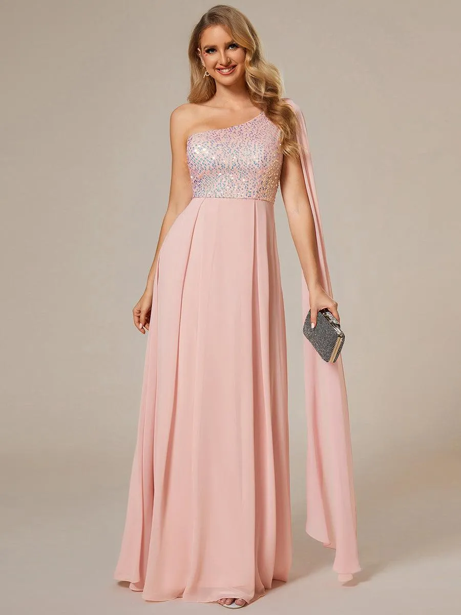 Robe de soirée trapèze en mousseline de soie sans manches corsage à paillettes brillantes asymétrique épaule dénudée