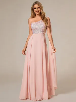 Robe de soirée trapèze en mousseline de soie sans manches corsage à paillettes brillantes asymétrique épaule dénudée