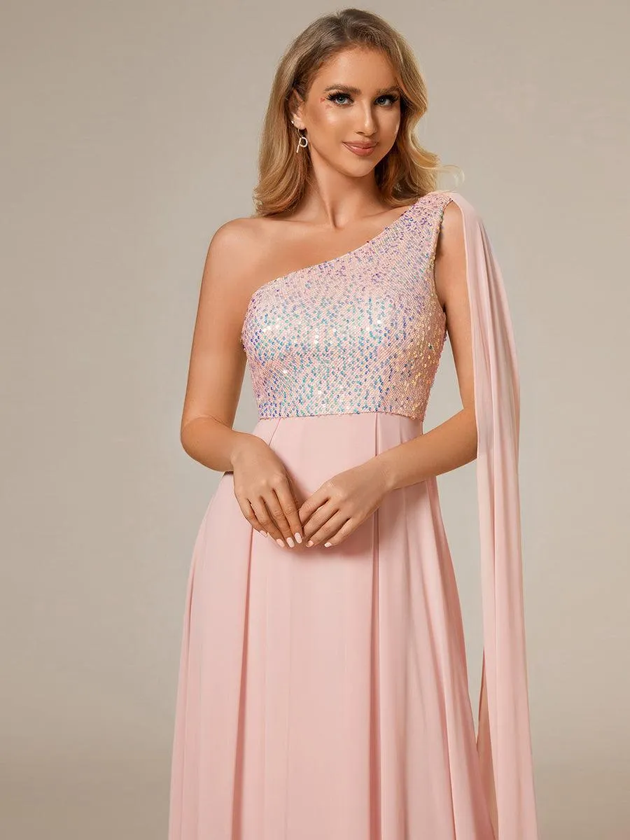 Robe de soirée trapèze en mousseline de soie sans manches corsage à paillettes brillantes asymétrique épaule dénudée