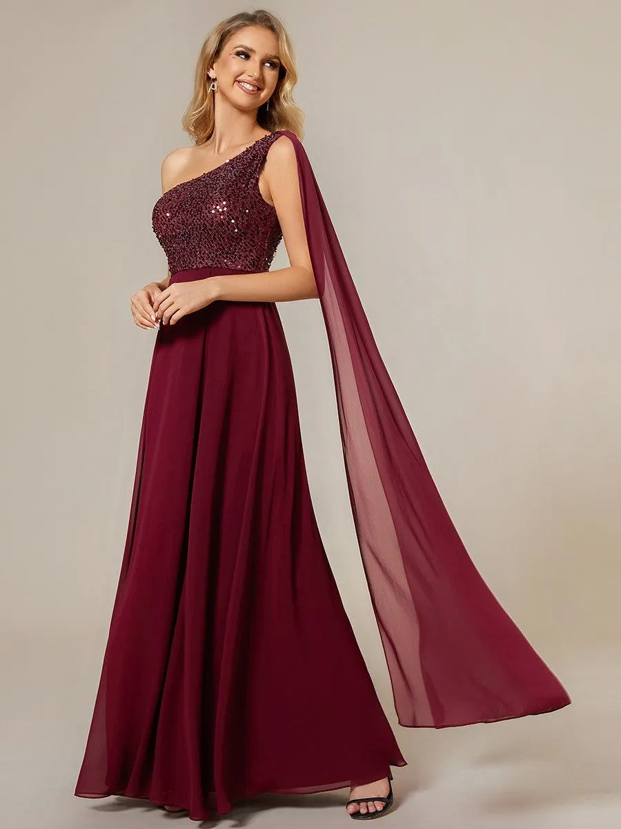 Robe de soirée trapèze en mousseline de soie sans manches corsage à paillettes brillantes asymétrique épaule dénudée