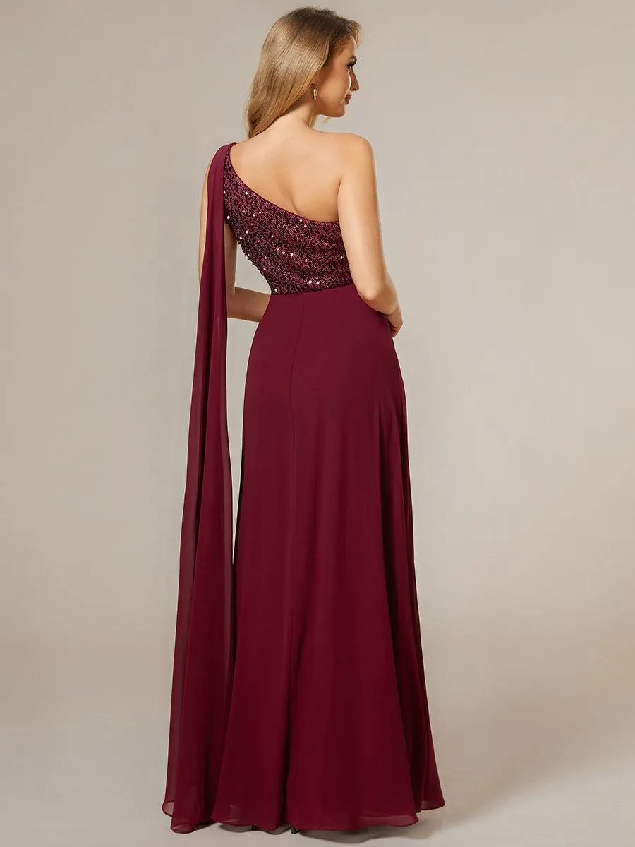 Robe de soirée trapèze en mousseline de soie sans manches corsage à paillettes brillantes asymétrique épaule dénudée