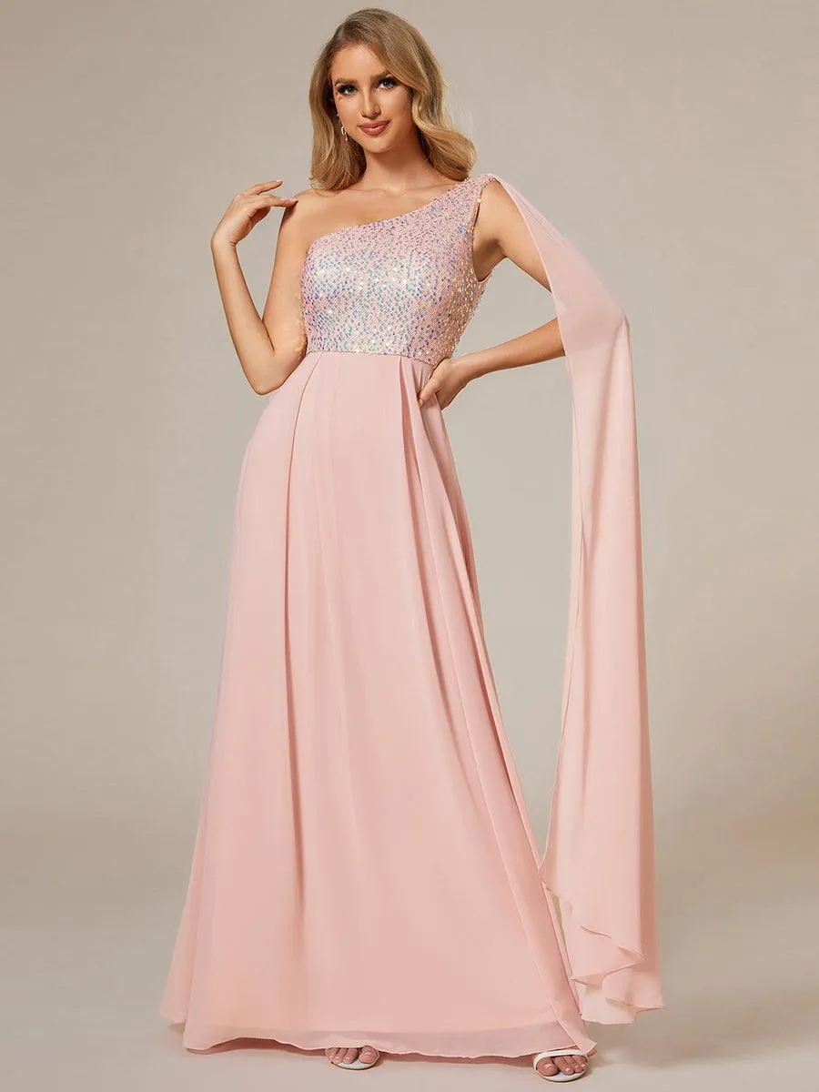 Robe de soirée trapèze en mousseline de soie sans manches corsage à paillettes brillantes asymétrique épaule dénudée