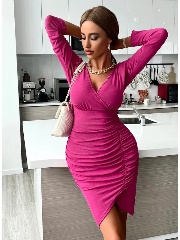 Ruched Bodycon Dress with Asymmetrical Hem and V-Neck