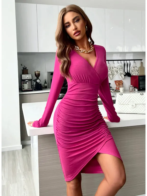 Ruched Bodycon Dress with Asymmetrical Hem and V-Neck