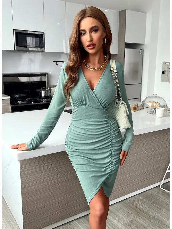 Ruched Bodycon Dress with Asymmetrical Hem and V-Neck