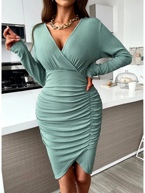 Ruched Bodycon Dress with Asymmetrical Hem and V-Neck