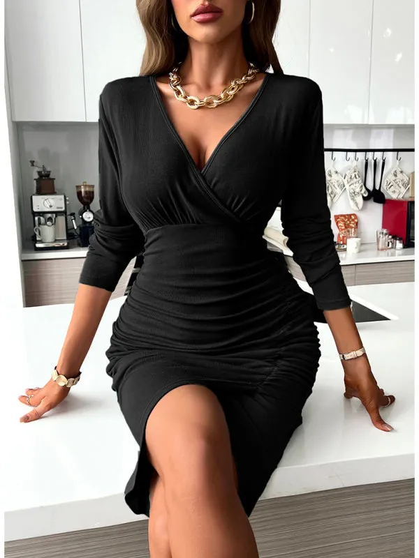Ruched Bodycon Dress with Asymmetrical Hem and V-Neck