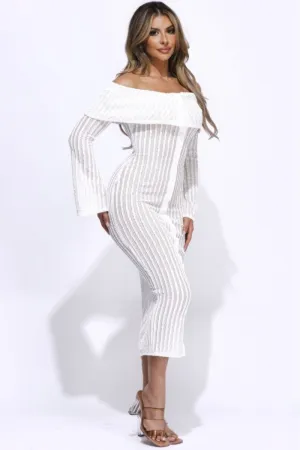 Ruffled Off The Shoulder White Midi Dress