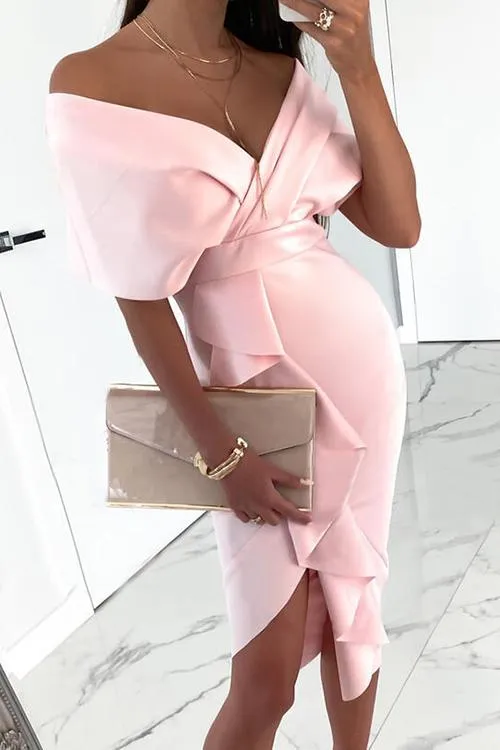 Ruffles Slit V Neck Bodycon Dress
