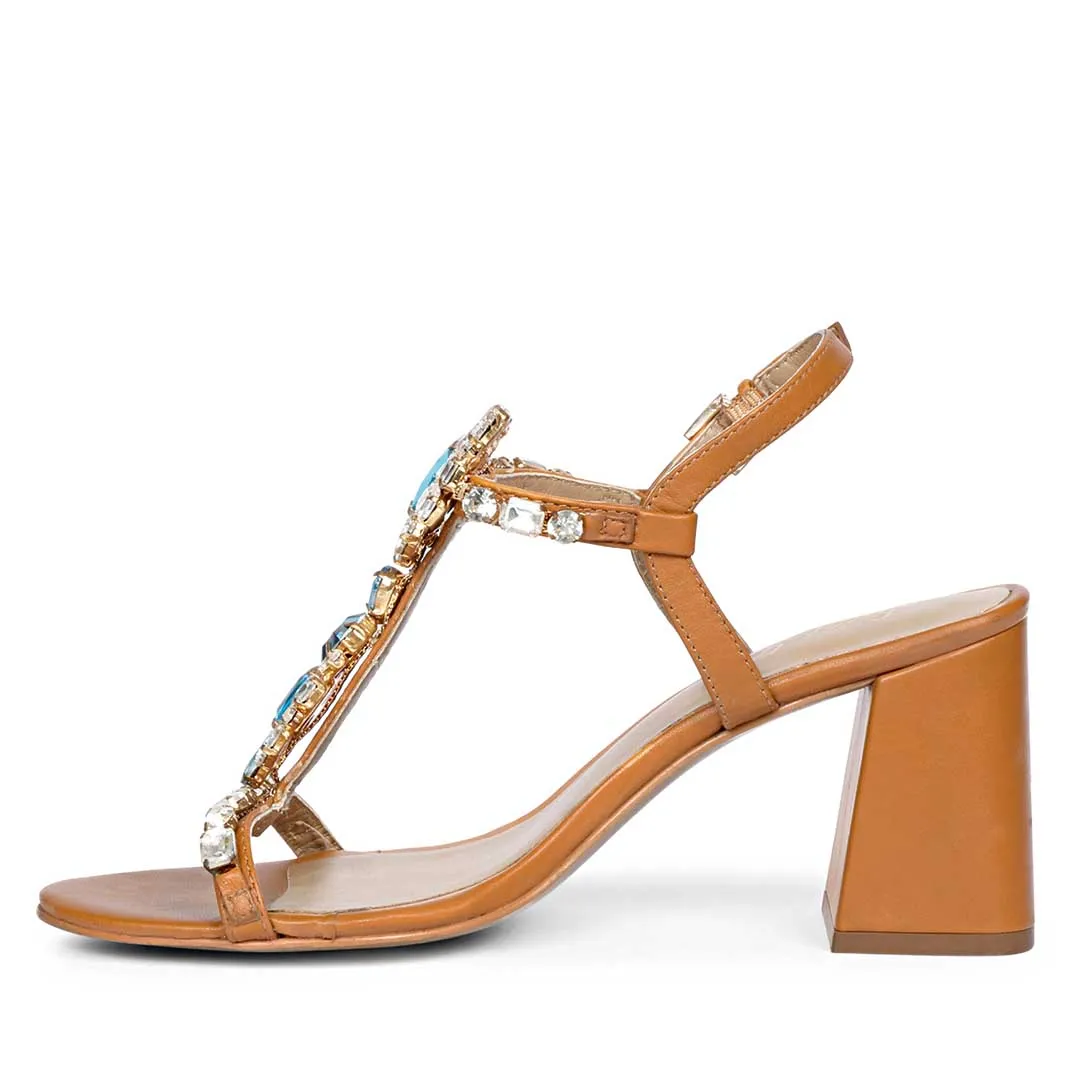 Saint Lucia Blue Stone Embellished Cuoio Leather Block Heels