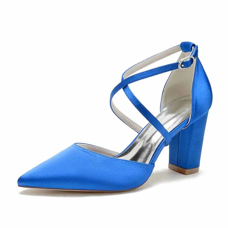 Satin Cross Strap Chunky Heel Classics Wedding Shoes