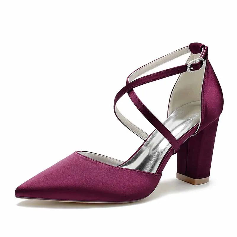 Satin Cross Strap Chunky Heel Classics Wedding Shoes
