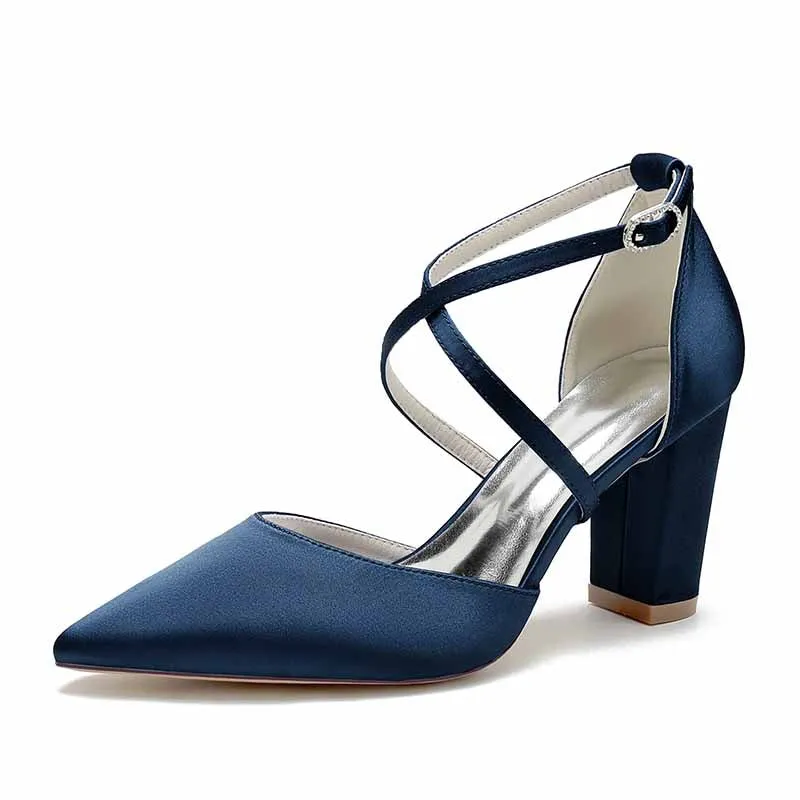 Satin Cross Strap Chunky Heel Classics Wedding Shoes