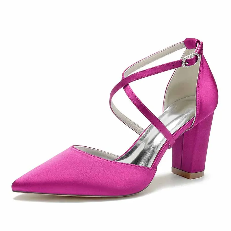 Satin Cross Strap Chunky Heel Classics Wedding Shoes