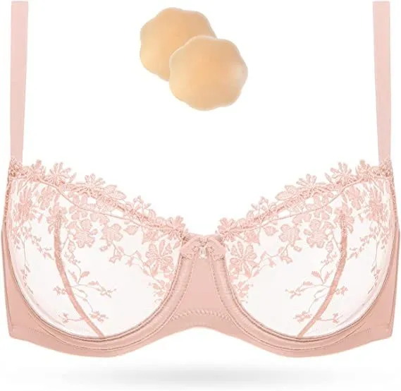 See Through Underwire Demi Sheer Bralette Bra Pink Nude