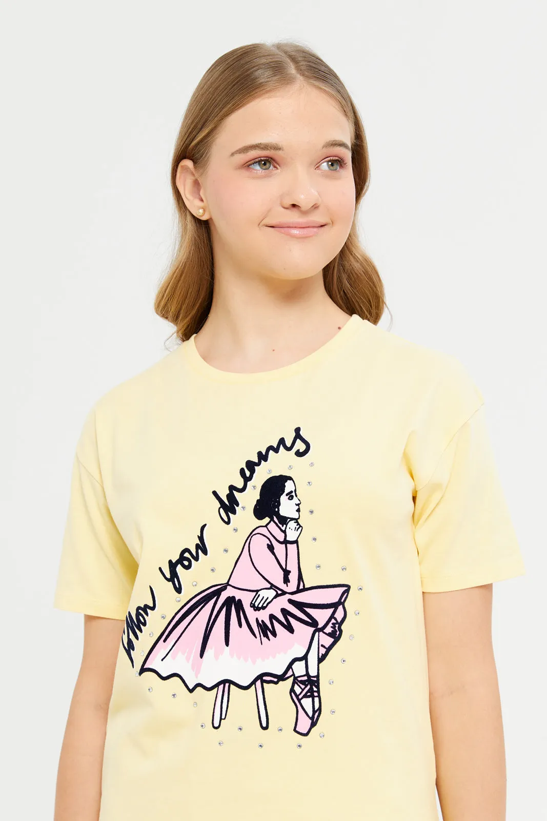 Senior Girls Yellow Girly Print Oversize T-Shirt With Rhinestones