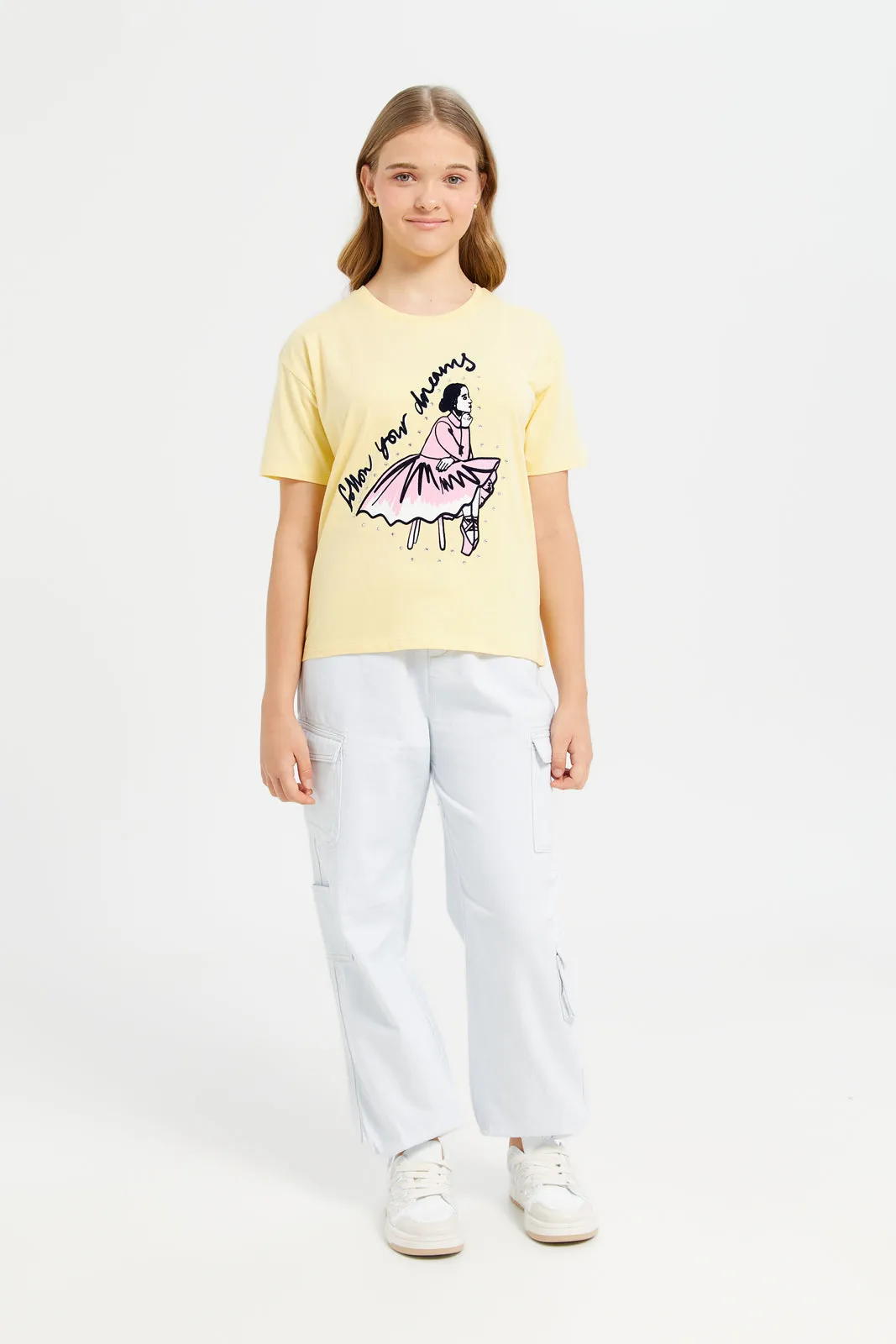 Senior Girls Yellow Girly Print Oversize T-Shirt With Rhinestones
