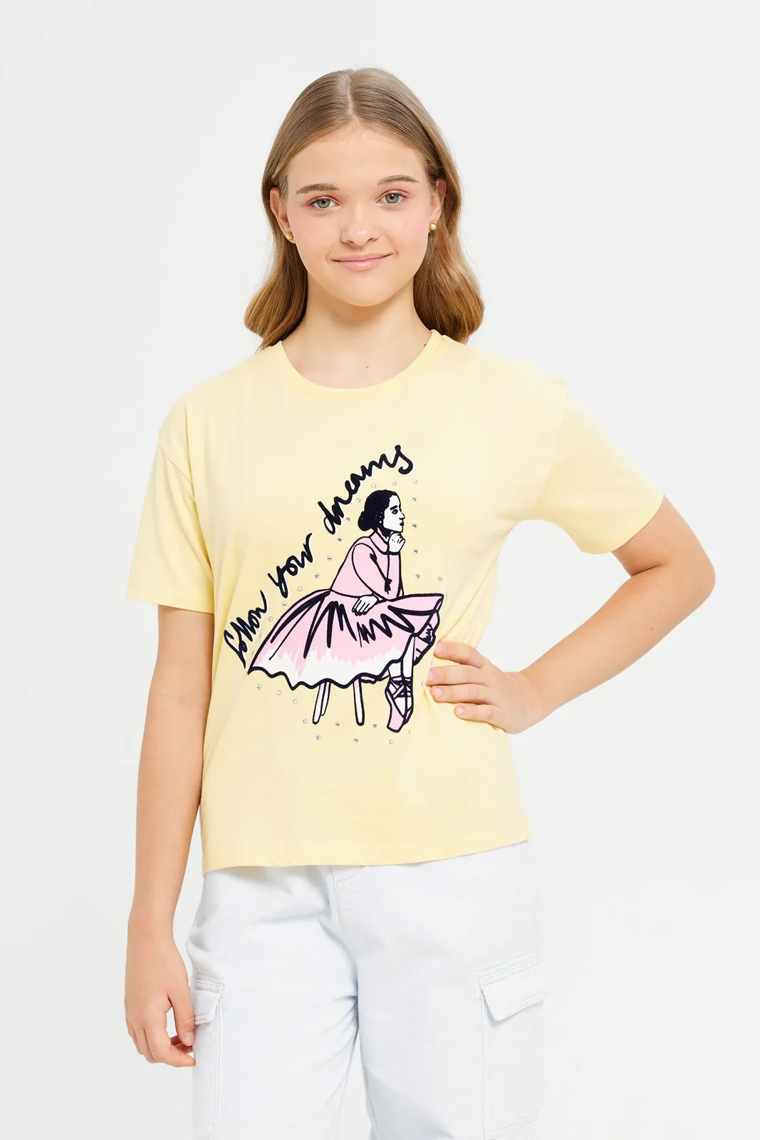 Senior Girls Yellow Girly Print Oversize T-Shirt With Rhinestones