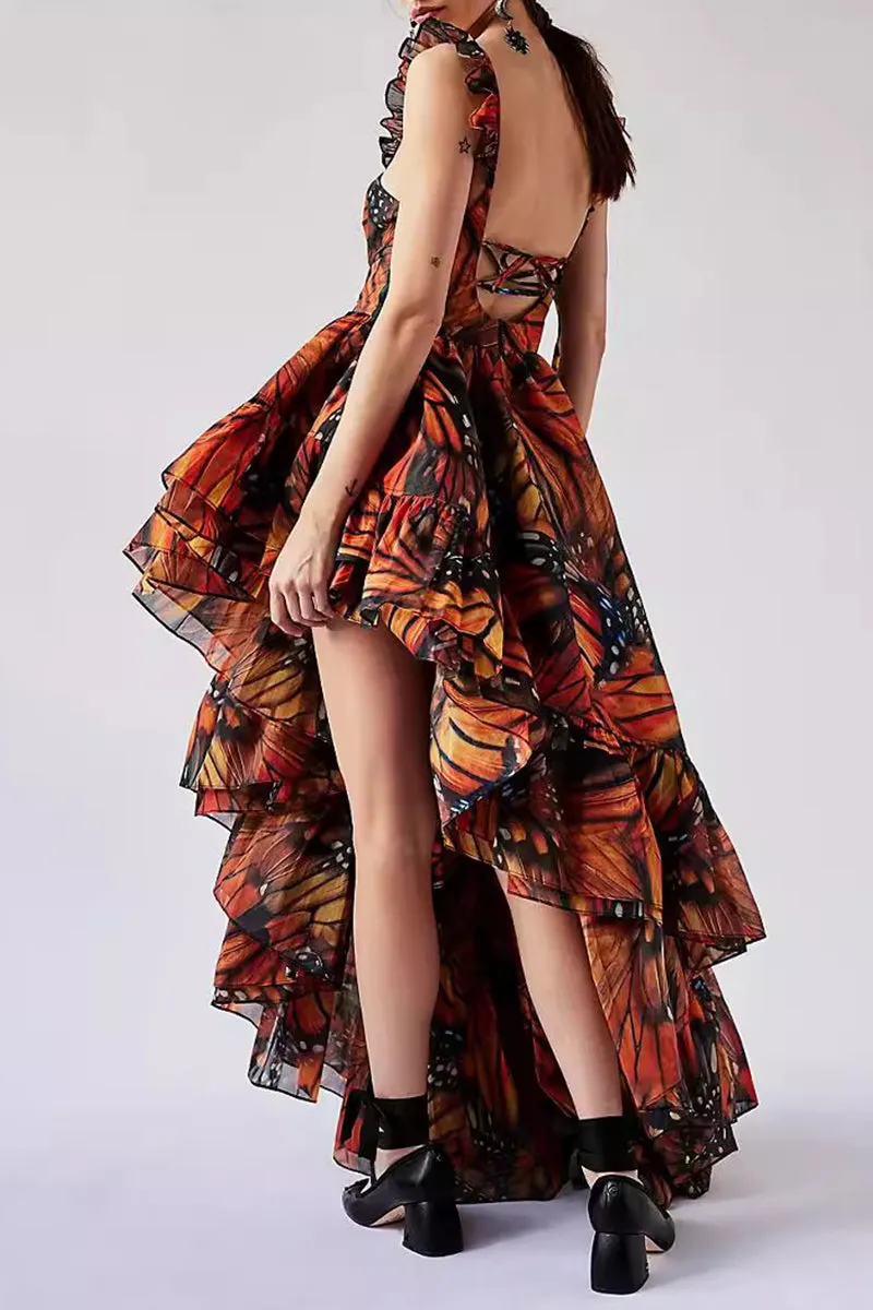 Sexy Butterfly Print Flounce Asymmetrical Square Collar Irregular Dresses