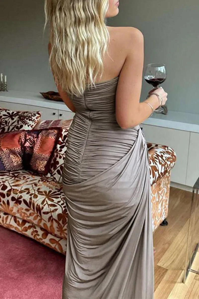 Sexy Solid Fold Asymmetrical V Neck One Step Skirt Dresses