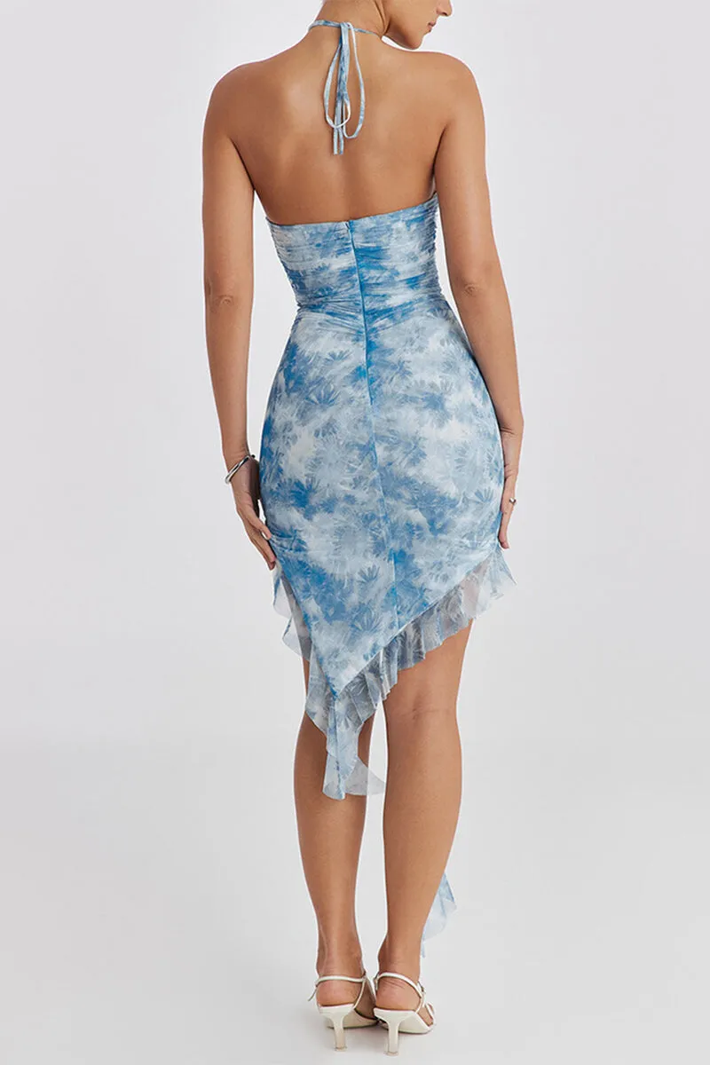 Sexy Vacation Flowers Backless Asymmetrical Halter Irregular Dresses