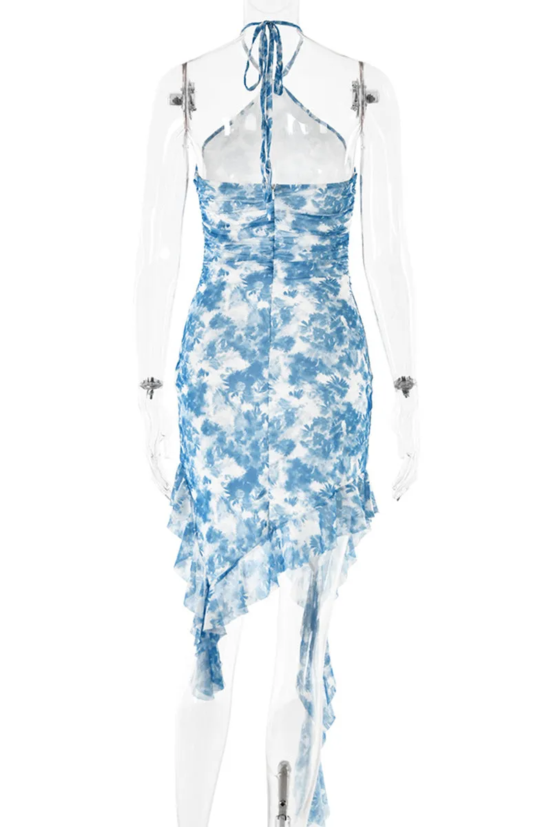 Sexy Vacation Flowers Backless Asymmetrical Halter Irregular Dresses