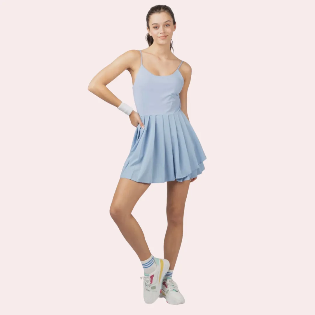 Sky blue pleated cami dress w/shorts lining