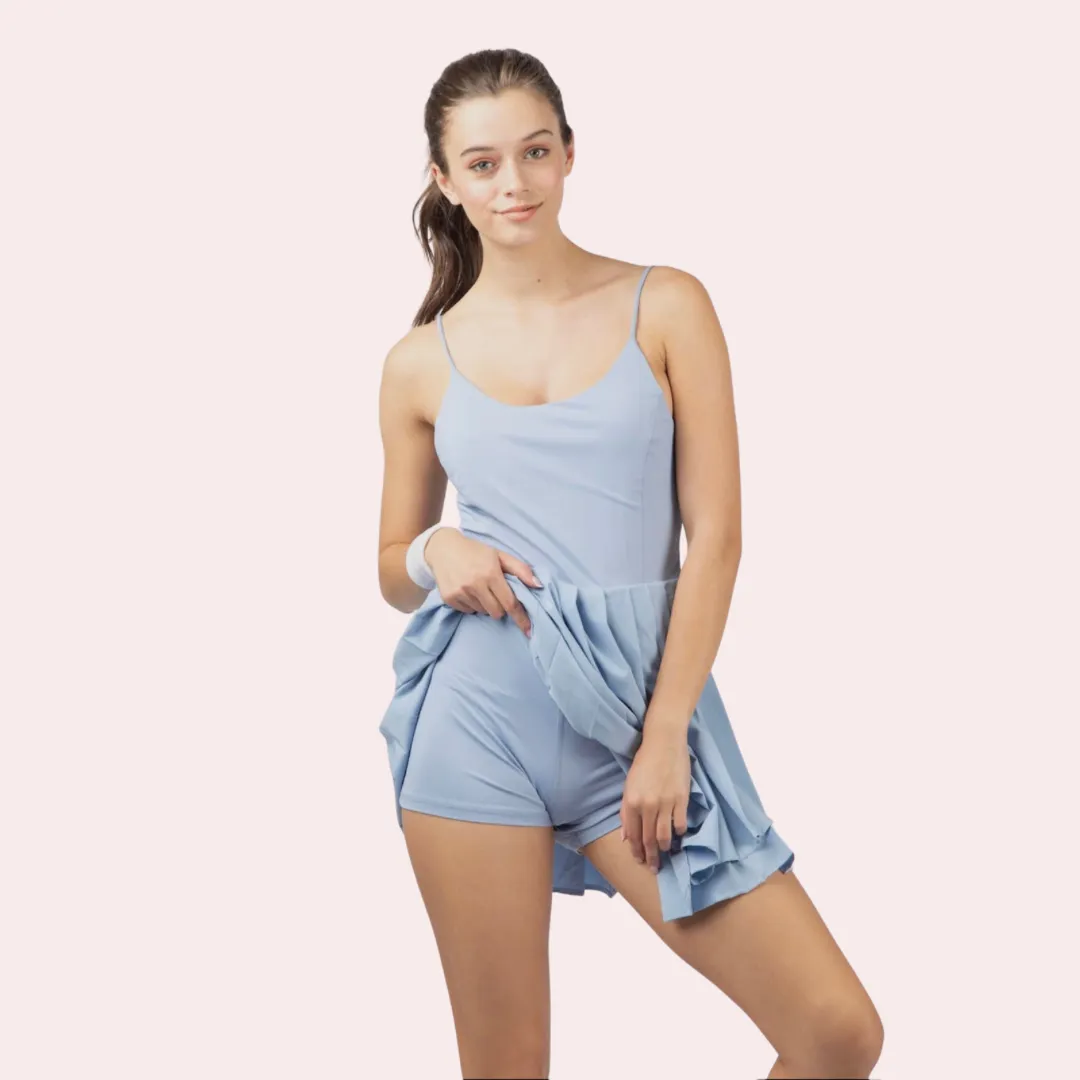 Sky blue pleated cami dress w/shorts lining