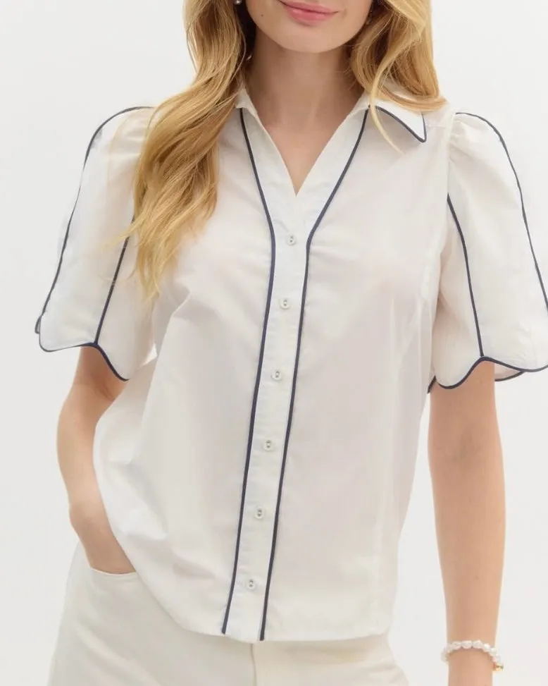 Solid Collared Button Down with Accented Contrast Piping in White