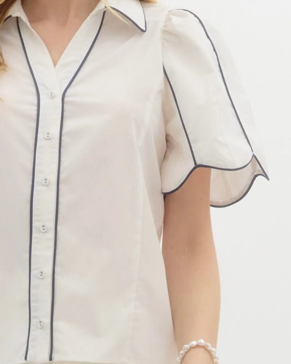 Solid Collared Button Down with Accented Contrast Piping in White