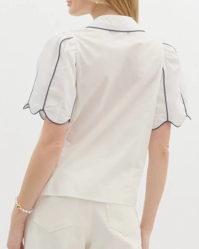 Solid Collared Button Down with Accented Contrast Piping in White