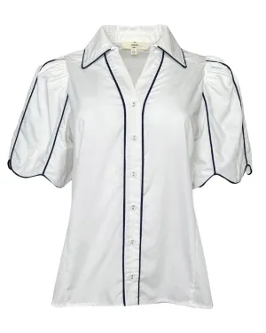 Solid Collared Button Down with Accented Contrast Piping in White