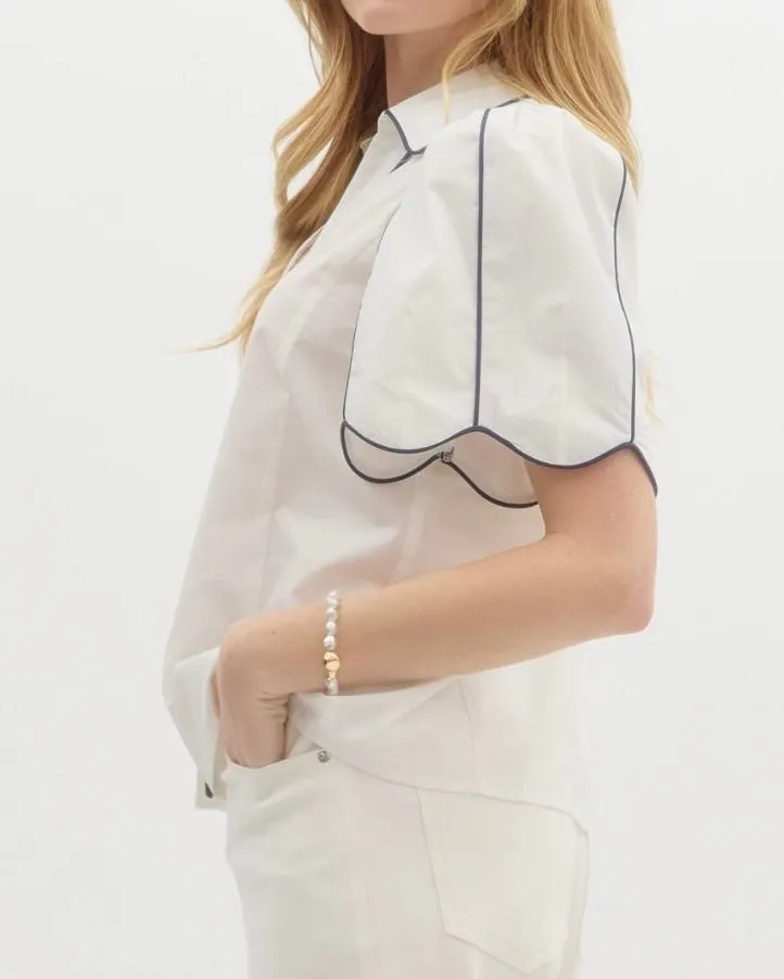 Solid Collared Button Down with Accented Contrast Piping in White