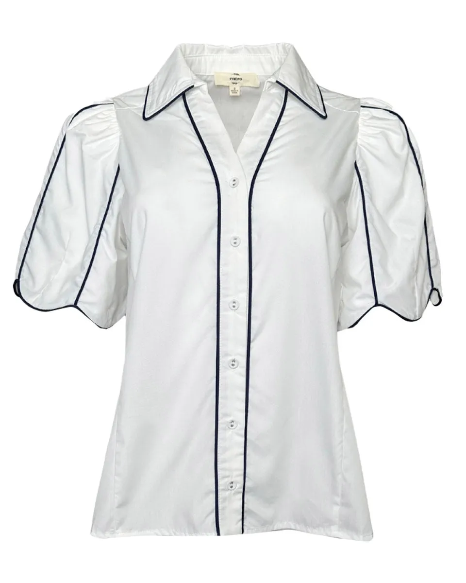 Solid Collared Button Down with Accented Contrast Piping in White