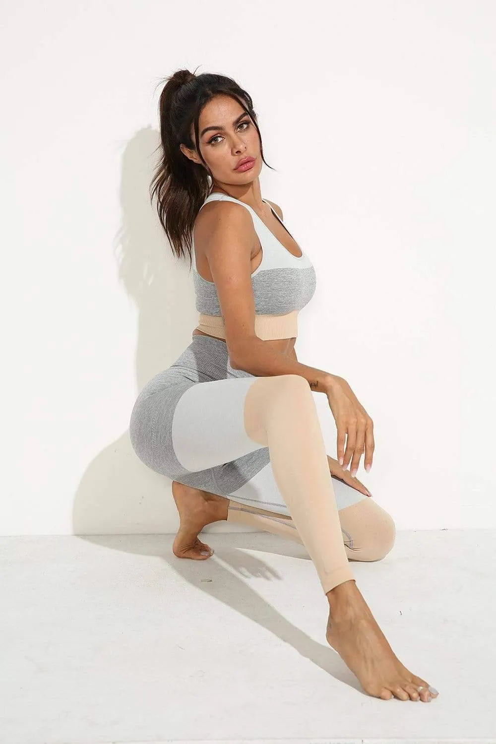 Squat Proof Patchwork Yoga Workout Set - Khaki