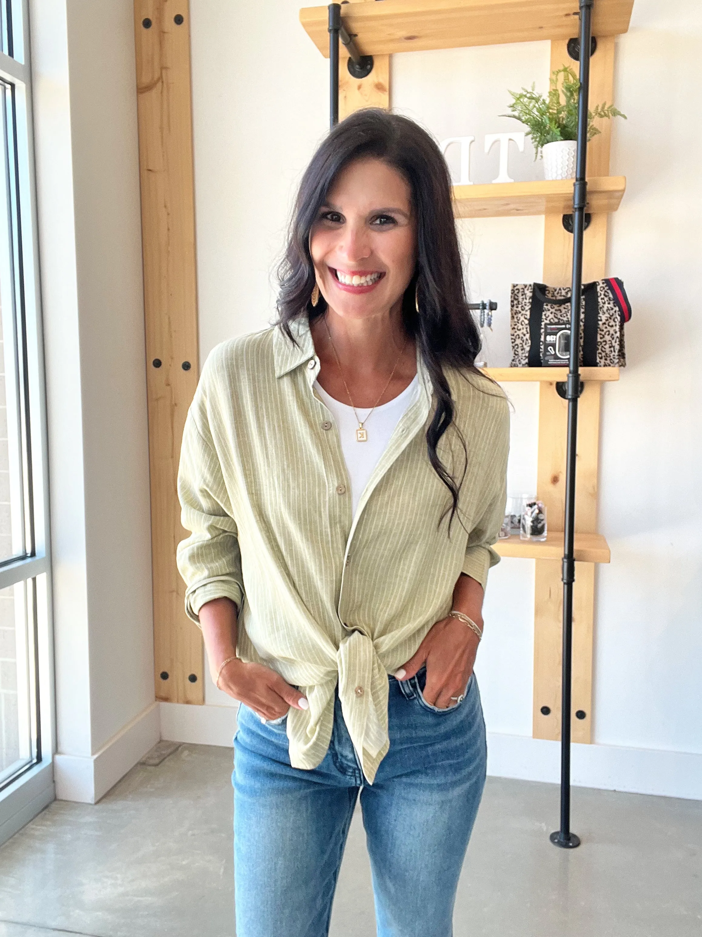 Stripe Collared Button Down Shirt in Olive