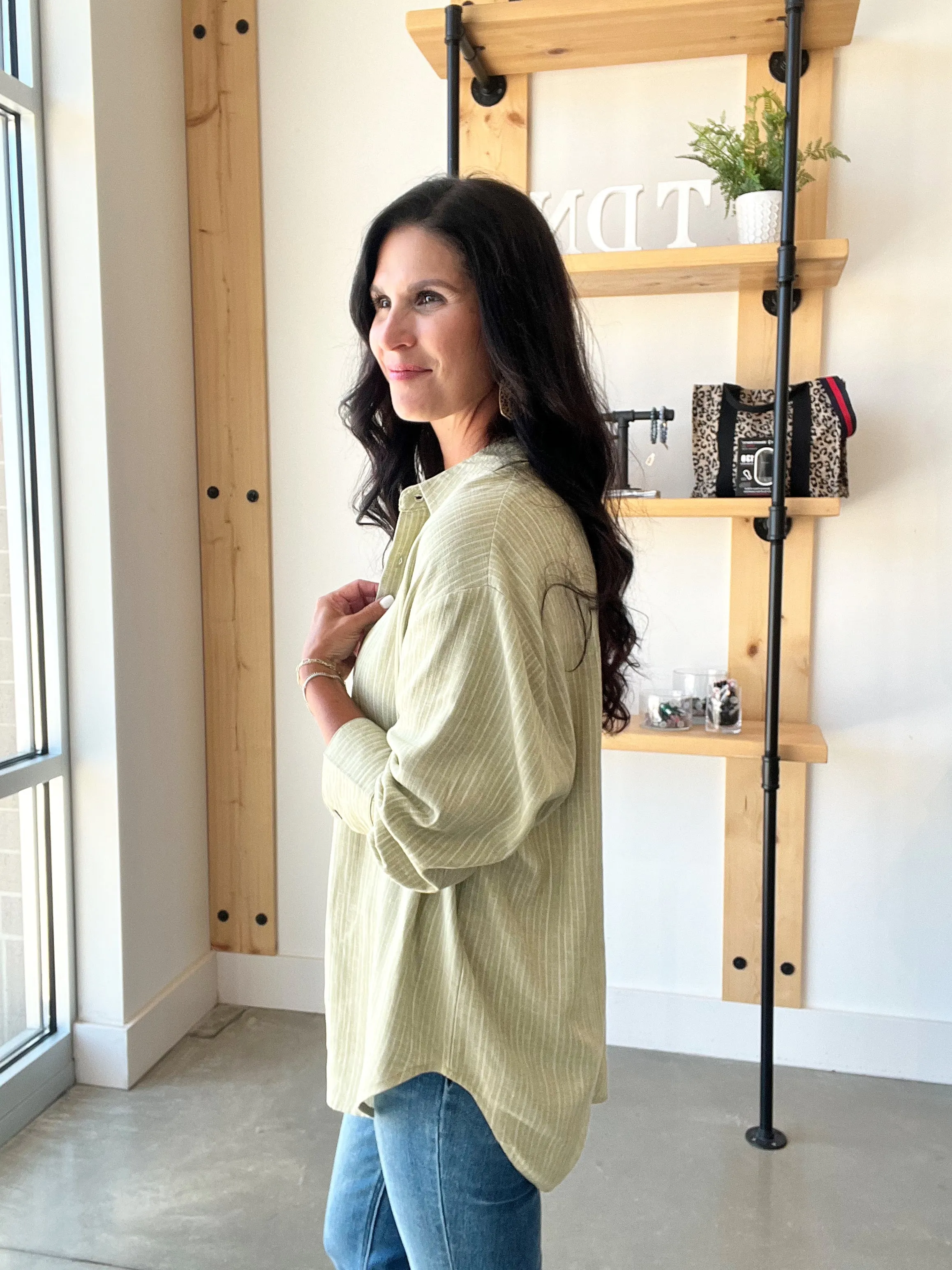 Stripe Collared Button Down Shirt in Olive