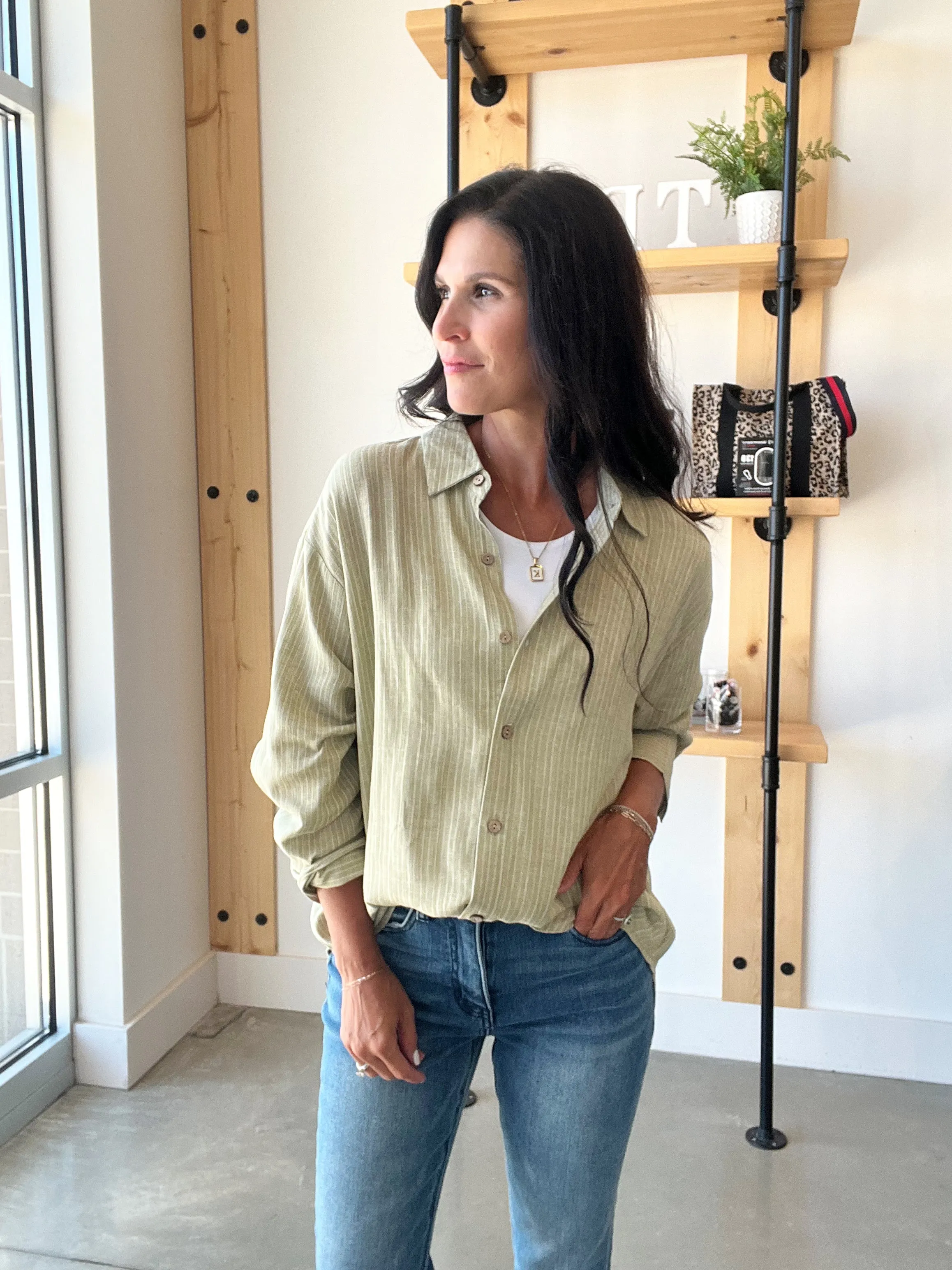 Stripe Collared Button Down Shirt in Olive