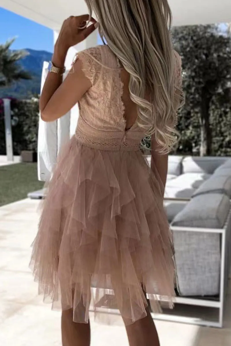 Sweet Solid Lace Asymmetrical Mesh V Neck Princess Dresses(3 Colors)