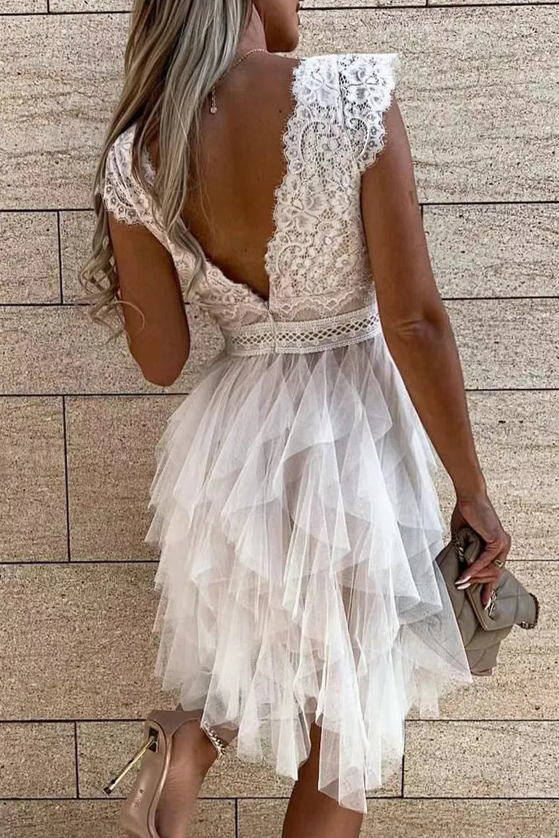Sweet Solid Lace Asymmetrical Mesh V Neck Princess Dresses(3 Colors)