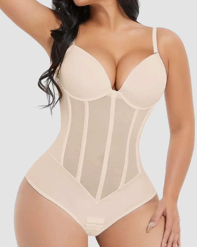 Thong Transparent Mesh Corset Top Backless Bodysuit