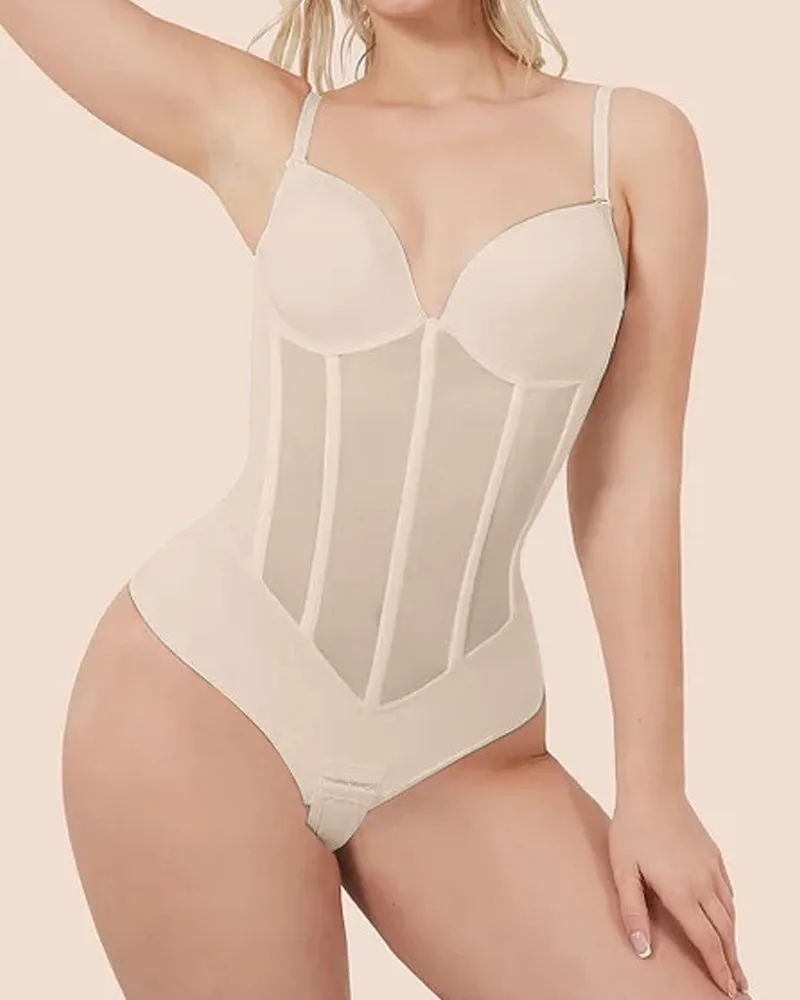 Thong Transparent Mesh Corset Top Backless Bodysuit