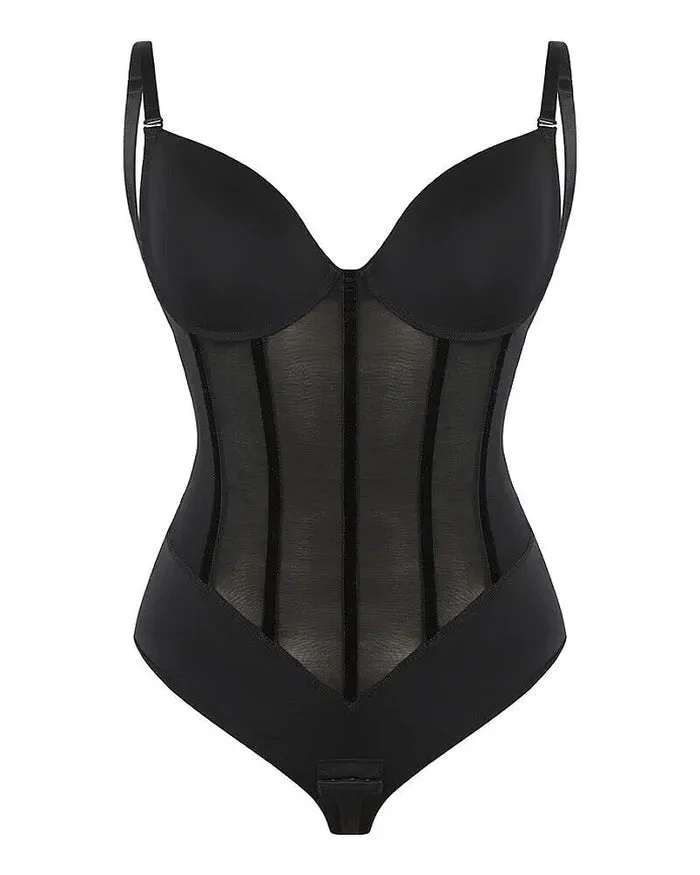 Thong Transparent Mesh Corset Top Backless Bodysuit