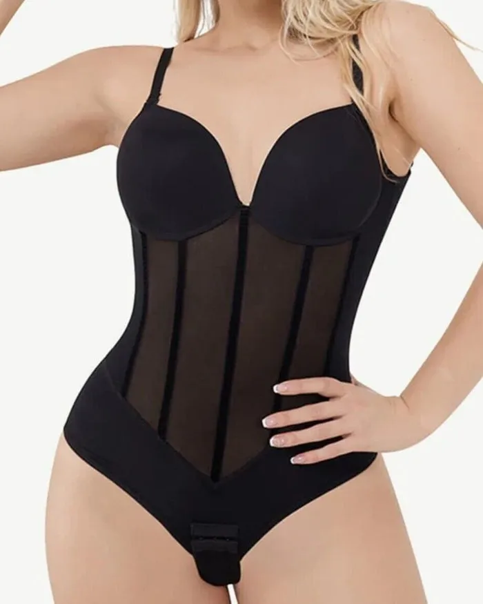Thong Transparent Mesh Corset Top Backless Bodysuit